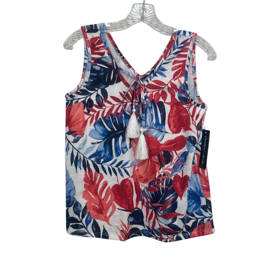 Thomas & Olivia V-Neck Tassel Tank Top Tropical Print Medium Red Blue New Summer